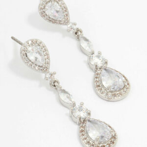 Rhodium Cubic Zirconia Pear Halo Drop Earrings