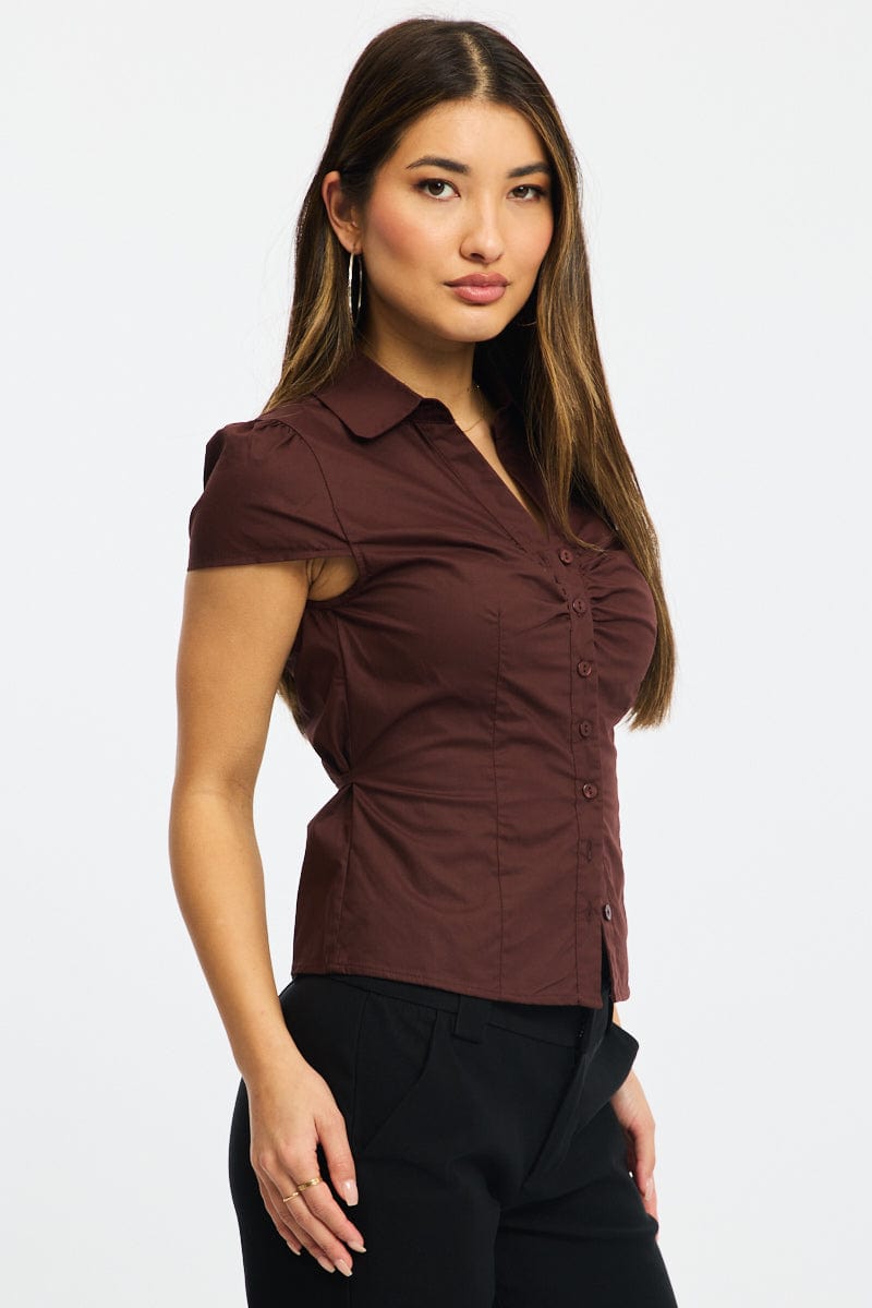 Brown Button Up Shirt Short Sleeve Collared Tie Back - Image 4