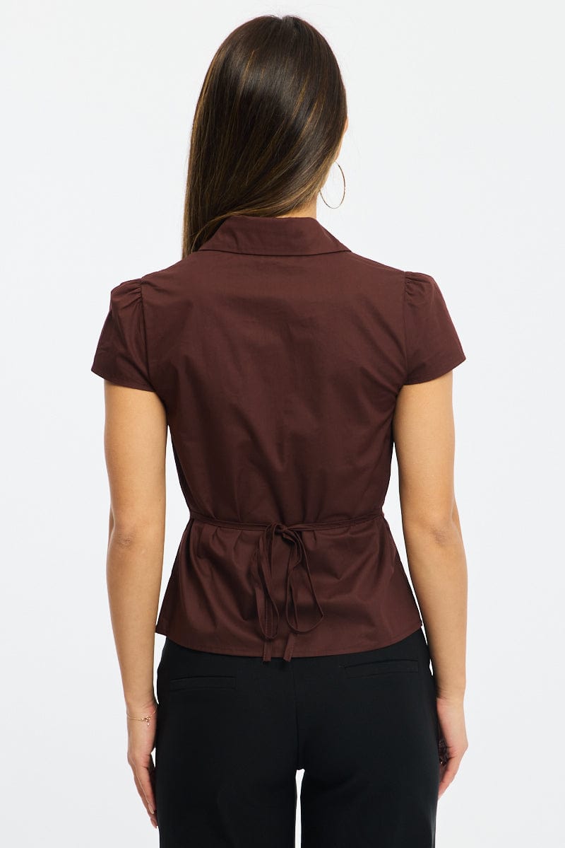 Brown Button Up Shirt Short Sleeve Collared Tie Back - Image 5