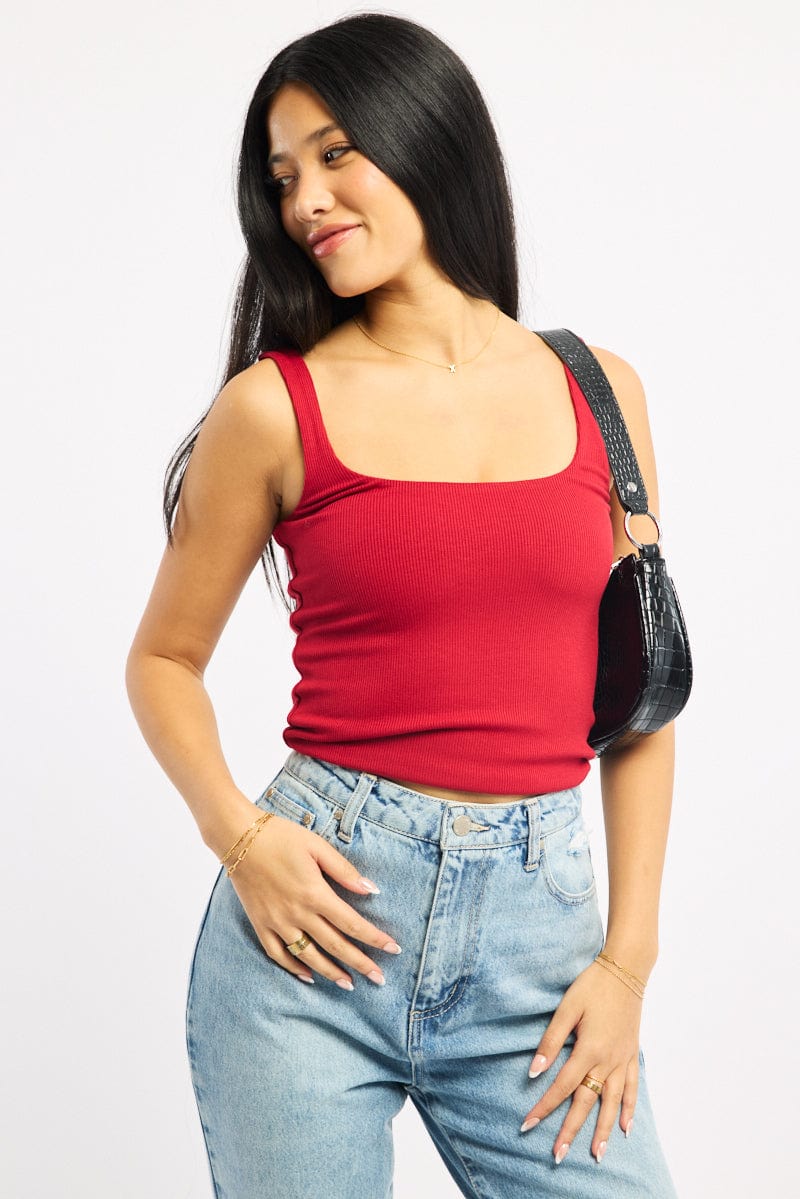 Red Tank Top Double Layered Rib
