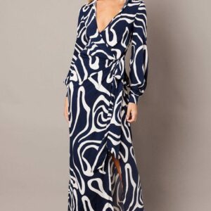 Blue Abstract Wrap Maxi Dress Shirt Dress