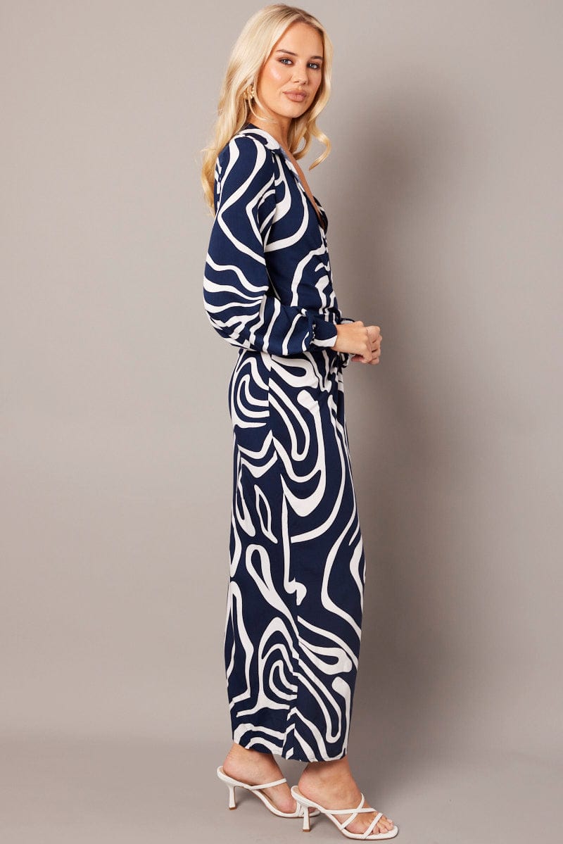 Blue Abstract Wrap Maxi Dress Shirt Dress - Image 4