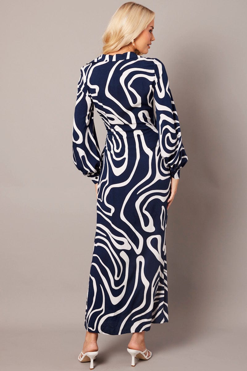 Blue Abstract Wrap Maxi Dress Shirt Dress - Image 5