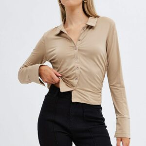 Beige Long Sleeve Shirt Collared Side Ruched