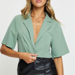 Green Crop Shirts Short Sleeve Collared