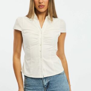 White Button Up Shirt Short Sleeve Collared Tie Back