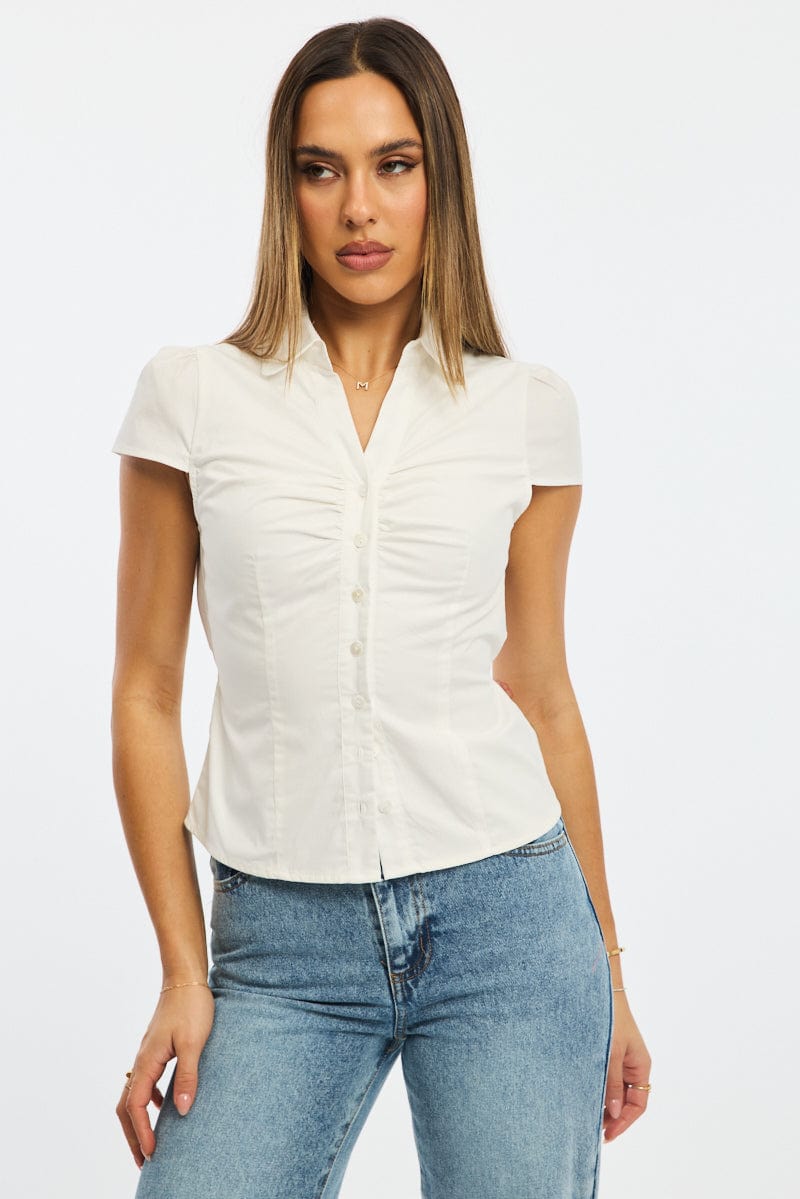 White Button Up Shirt Short Sleeve Collared Tie Back