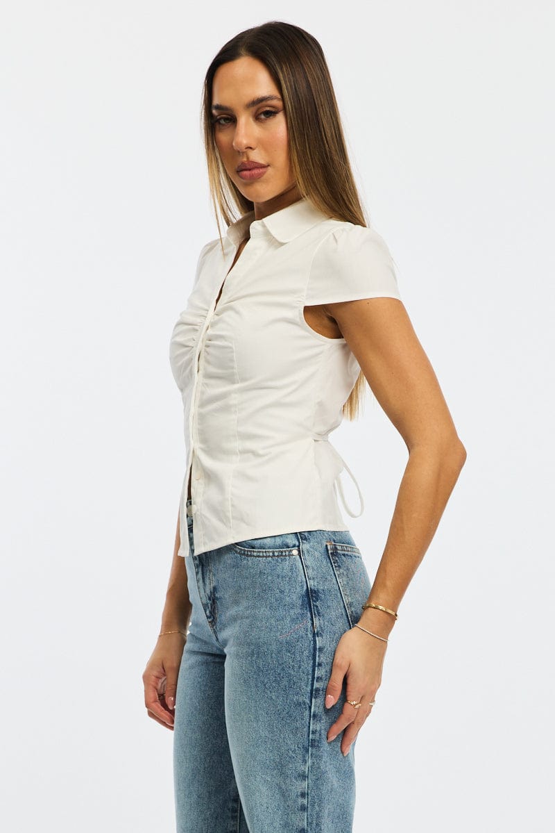 White Button Up Shirt Short Sleeve Collared Tie Back - Image 3