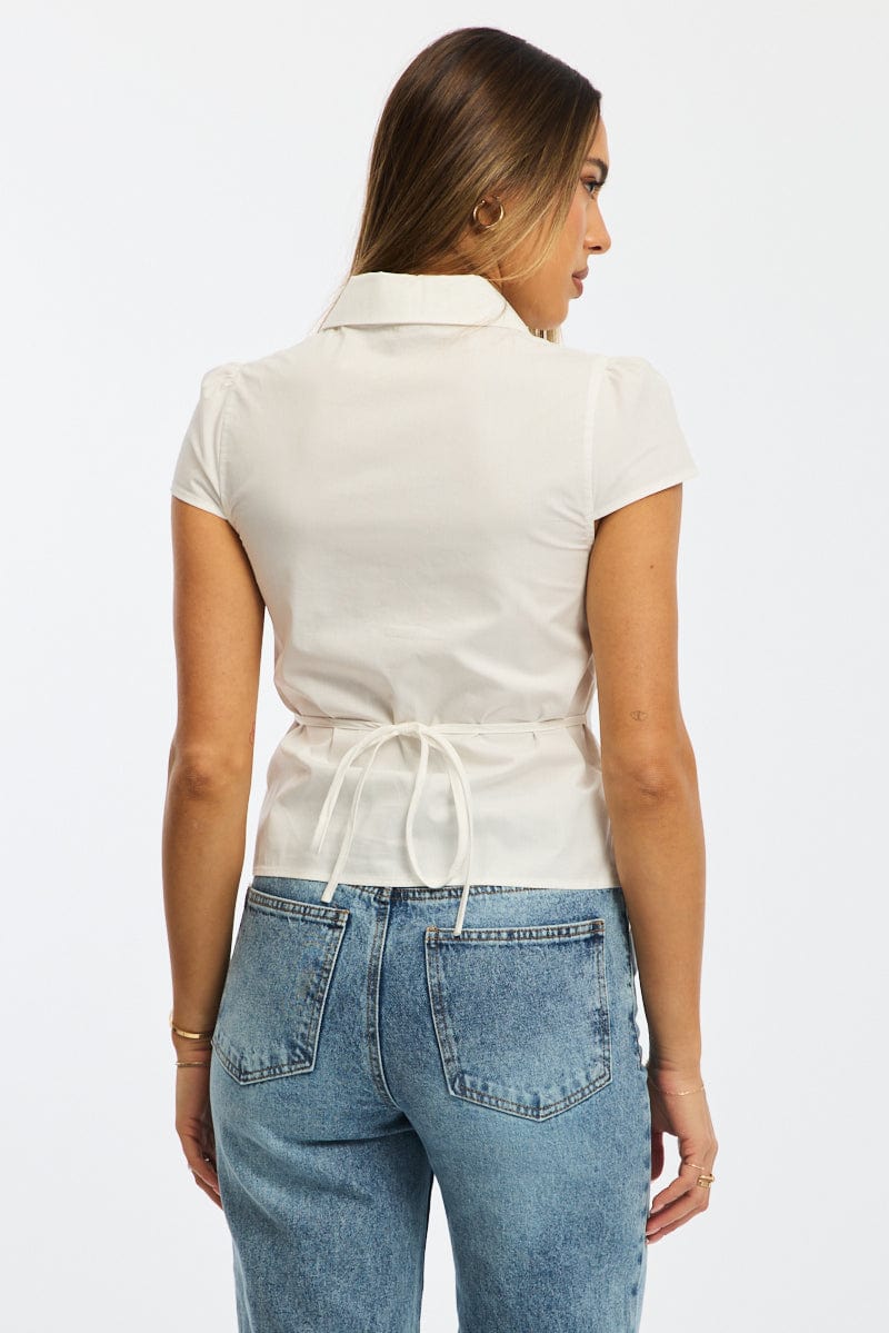 White Button Up Shirt Short Sleeve Collared Tie Back - Image 4