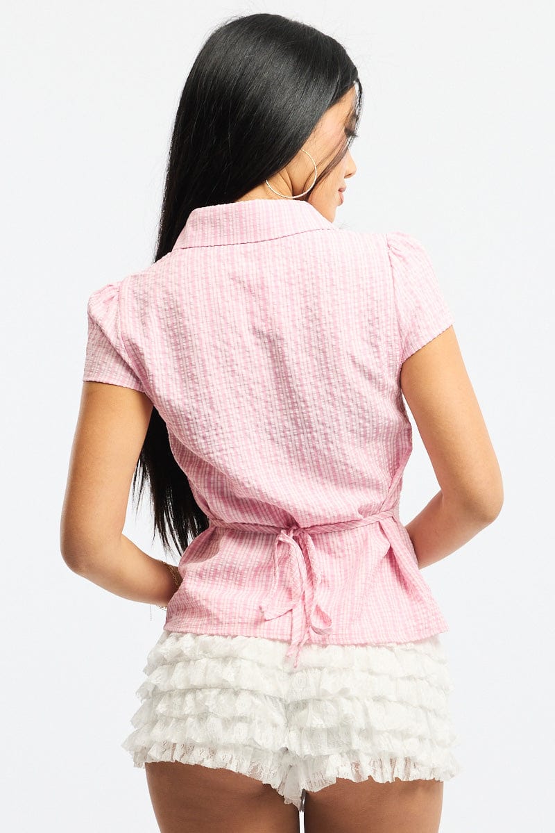 Pink Check Button Up Shirt Short Sleeve Collared Tie Back - Image 5