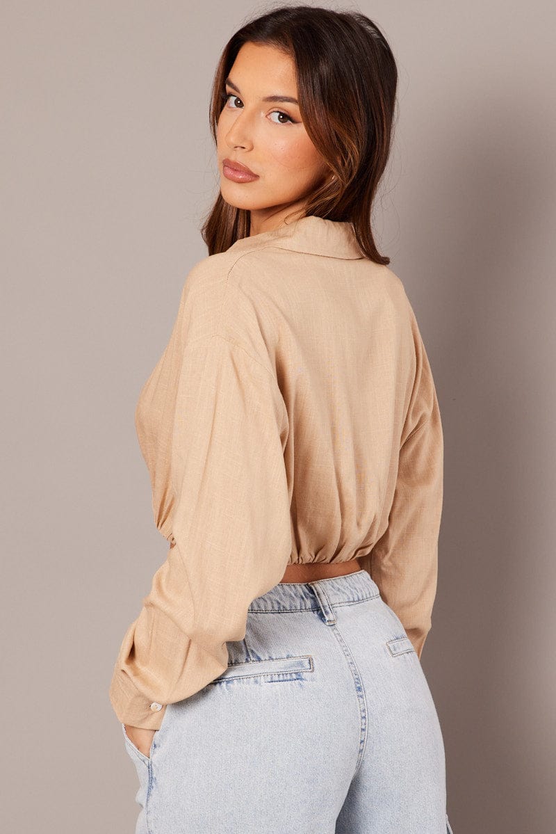 Beige Twist Front Cropped Relaxed Collared Shirt - Image 5