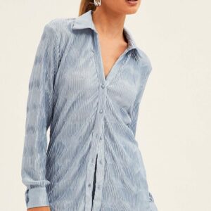 Blue Plisse Shirt Long Sleeve Collared Longline